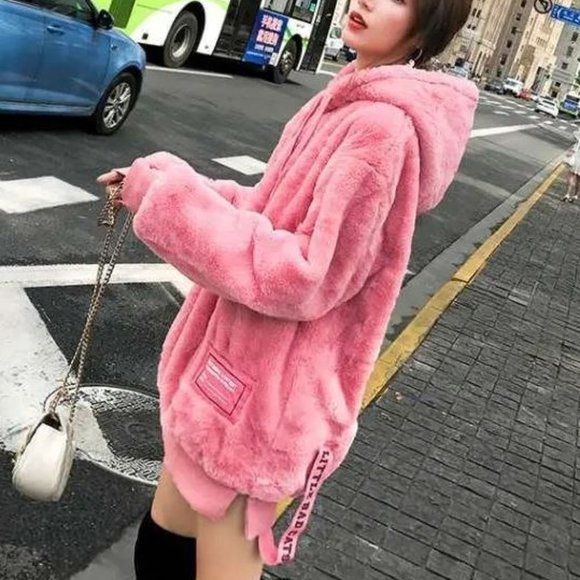 New Faux Fur Pink Teddy Velvet Plush Hoodie - Picture 3 of 16